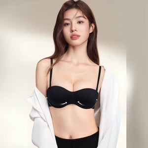 24時間ー通勤ー肩紐スタイル―ホワイトーモデル着用快適なノンワイヤーブラ-3Dメッシュ结构-ブラック- モデル着用