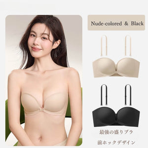 フロントホック付き-肌になじむヌーディーカラーとシックなブラックの2色展開|モデル正面着用でスッキリシルエット