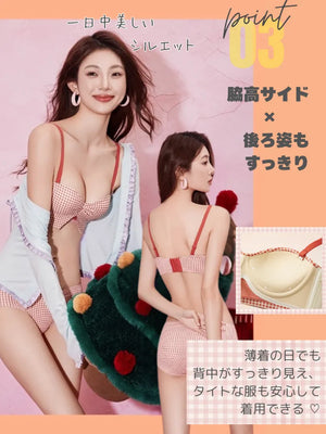 脇高設計でサイドをすっきり補正し、美背シルエットを実現する構造を紹介した画像。