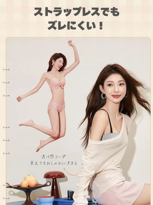 ストラップなしでもずれにくい安定設計を紹介。オフショルや肩あき服にも対応。