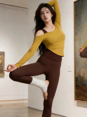 秋めく 裸感レイヤードヨガトップ 長袖 オータムリーフ×コーヒーブラウン