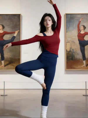 秋めく 裸感レイヤードヨガトップ 長袖 ディープレッド×ロイヤルブルー