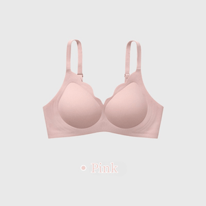 24時間快適ー無地ブラ-3Dホールド-痛くない脇高谷間ブラ-グレ花型ー ピンク正面