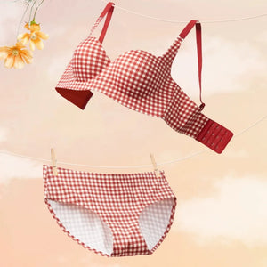 赤チェック柄ブラの単品展示。丸胸ラインを確認。