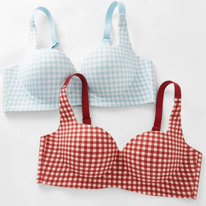 通勤用チェック柄脇高ブラの単品商品展示。