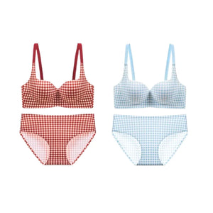 赤と青チェック柄の2色ブラ&ショーツセット展示。