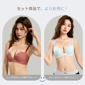 赤と青チェック柄の2色ブラ&ショーツセット展示。