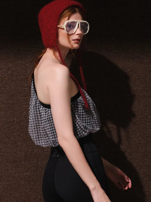 AeeYaa ワンショルダーギンガムトップス。透け感のあるメッシュ素材のヨガウェア。