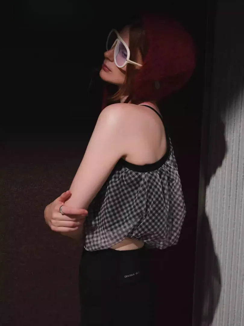 AeeYaa ワンショルダーギンガムトップス。透け感のあるメッシュ素材のヨガウェア。