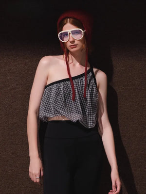 AeeYaa ワンショルダーギンガムトップス。透け感のあるメッシュ素材のヨガウェア。