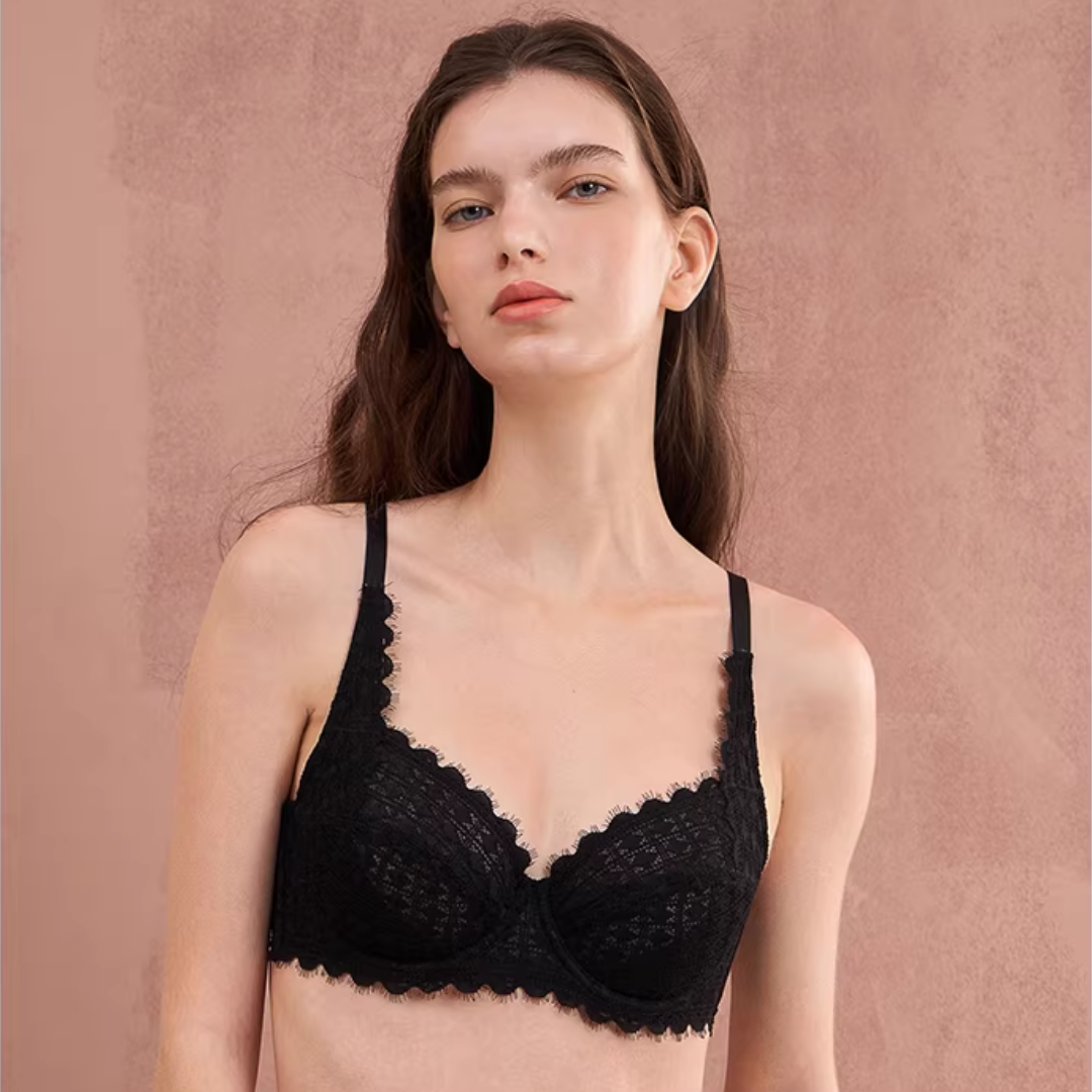 大胸を小さく見せるブラ 脇高フルカップ 菱形レース ソフトワイヤー 薄型 軽量 集中補正 美胸ブラ