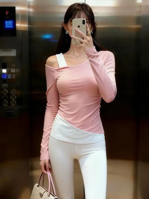 秋めく 裸感レイヤードヨガトップ 長袖 バービーピンク×アイボリー