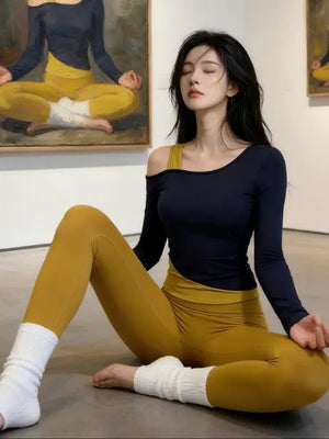 秋めく 裸感レイヤードヨガトップ 長袖 ロイヤルブルー×オータムリーフ