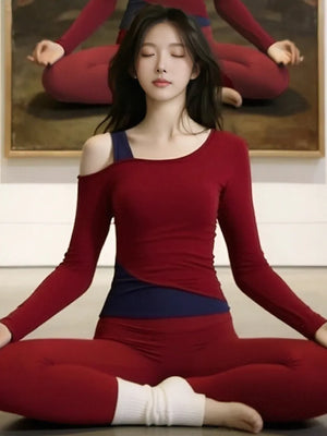 秋めく 裸感レイヤードヨガトップ 長袖 ヨガポーズでもずれにくい