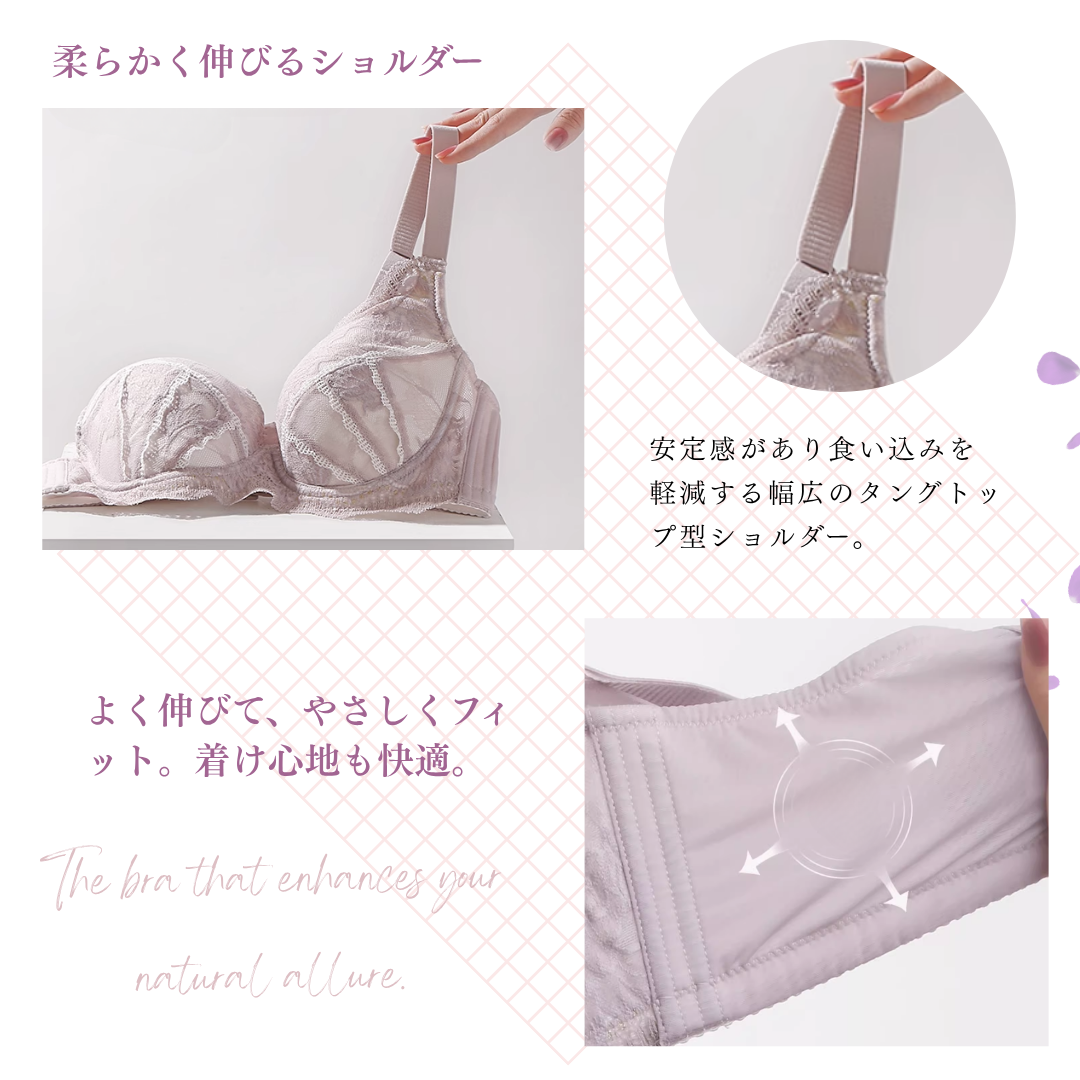 強伸縮の幅広ストラップが肩に食い込まず、一日中快適。大胸さんの悩みに寄り添う優しい設計。