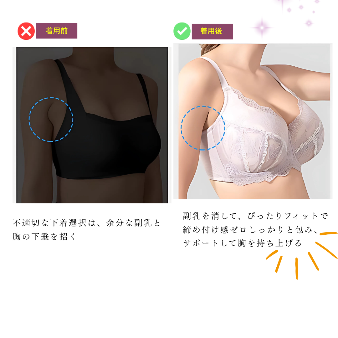 脇肉をしっかり包み込み、着けた瞬間に副乳スッキリ。