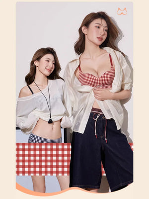 モデル着用イメージ（2）。脇高設計で脇肉をすっきりホールドしたスタイル。