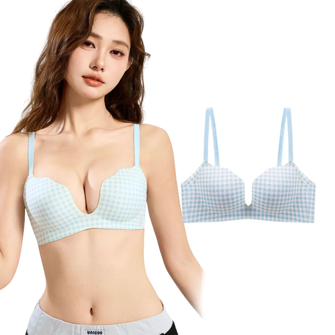 青チェック柄のブラ単品展示。