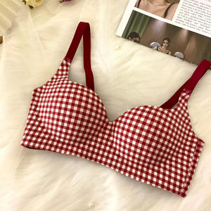 チェック柄 U字プランジブラ レッド 正面デザイン