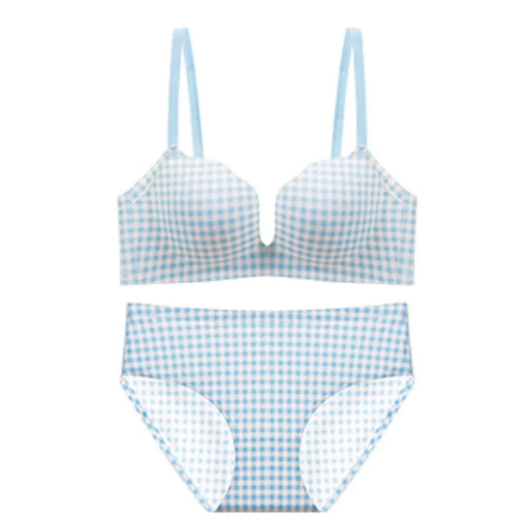 青チェック柄ブラ＆ショーツセットの商品展示。