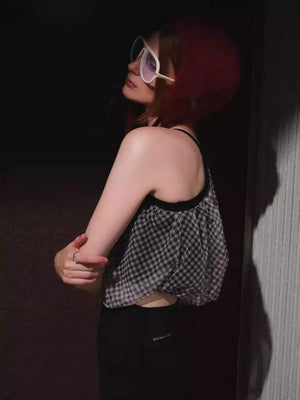 AeeYaa ワンショルダーギンガムトップス。透け感のあるメッシュ素材のヨガウェア。